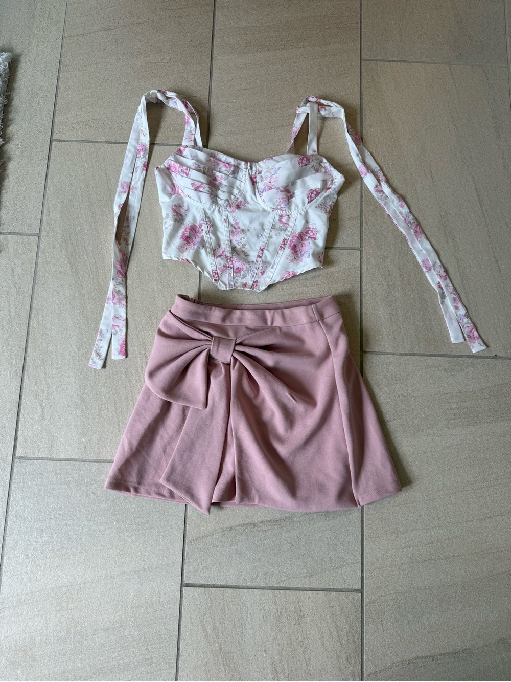 Selfie Leslie Pink Bow-Front Skirt Set with Floral Corset Top